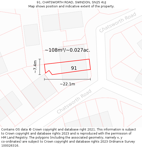 91, CHATSWORTH ROAD, SWINDON, SN25 4UJ: Plot and title map