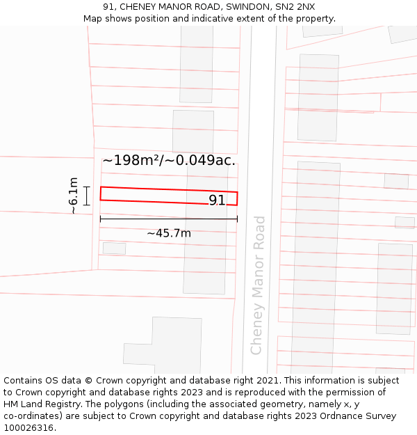 91, CHENEY MANOR ROAD, SWINDON, SN2 2NX: Plot and title map