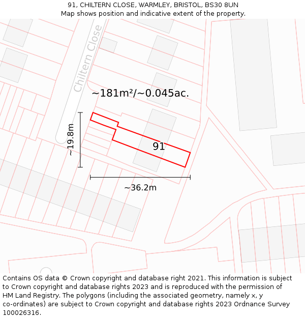 91, CHILTERN CLOSE, WARMLEY, BRISTOL, BS30 8UN: Plot and title map