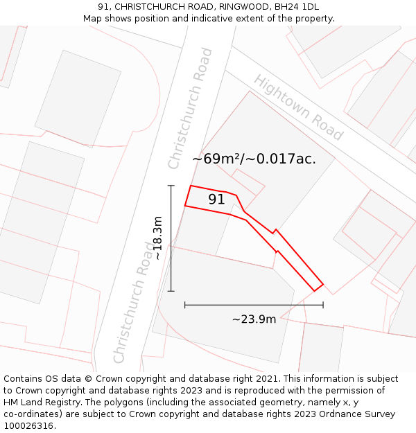 91, CHRISTCHURCH ROAD, RINGWOOD, BH24 1DL: Plot and title map