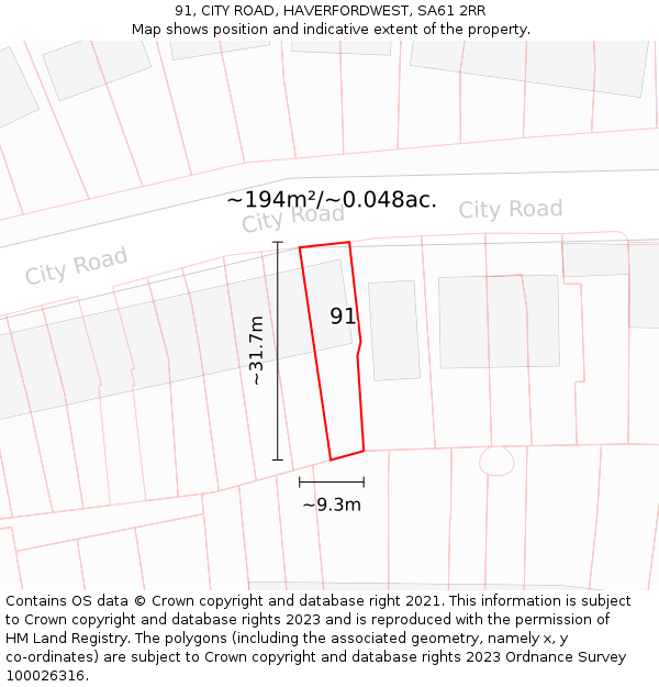 91, CITY ROAD, HAVERFORDWEST, SA61 2RR: Plot and title map