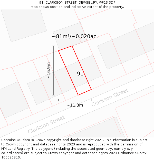 91, CLARKSON STREET, DEWSBURY, WF13 3DP: Plot and title map