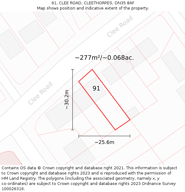 91, CLEE ROAD, CLEETHORPES, DN35 8AF: Plot and title map