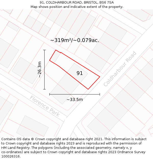 91, COLDHARBOUR ROAD, BRISTOL, BS6 7SA: Plot and title map