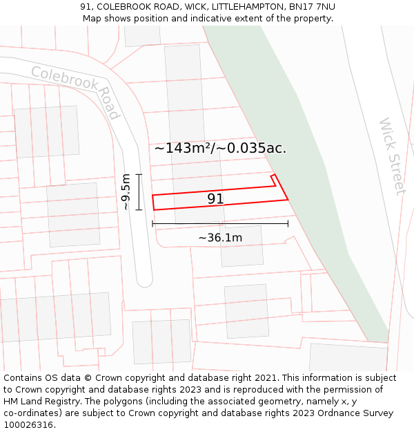 91, COLEBROOK ROAD, WICK, LITTLEHAMPTON, BN17 7NU: Plot and title map
