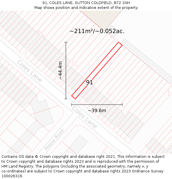 91, COLES LANE, SUTTON COLDFIELD, B72 1NH: Plot and title map