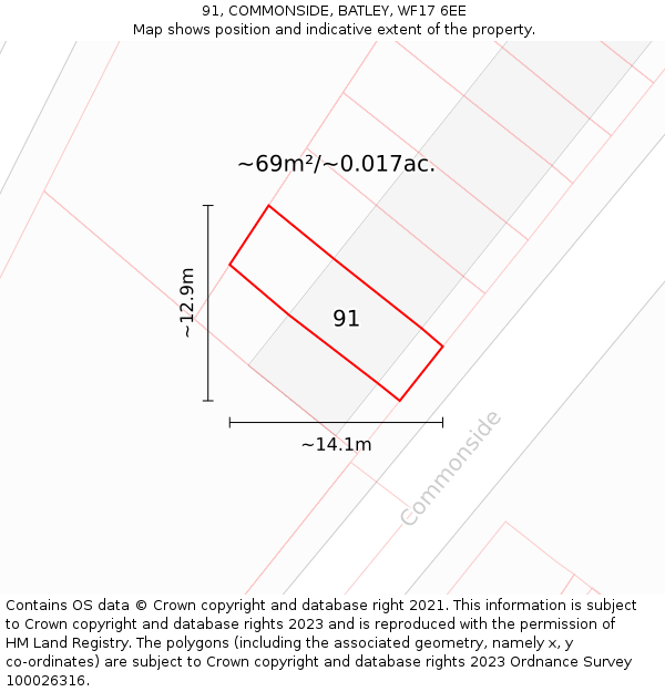 91, COMMONSIDE, BATLEY, WF17 6EE: Plot and title map