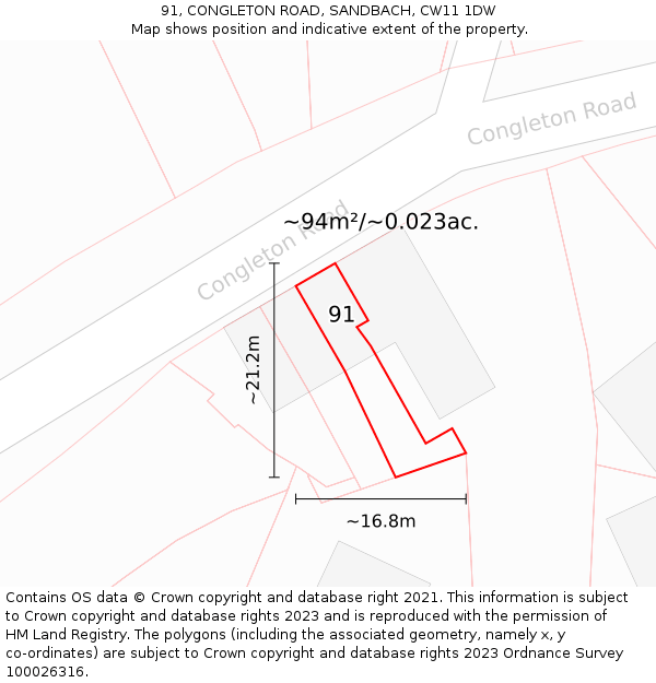 91, CONGLETON ROAD, SANDBACH, CW11 1DW: Plot and title map