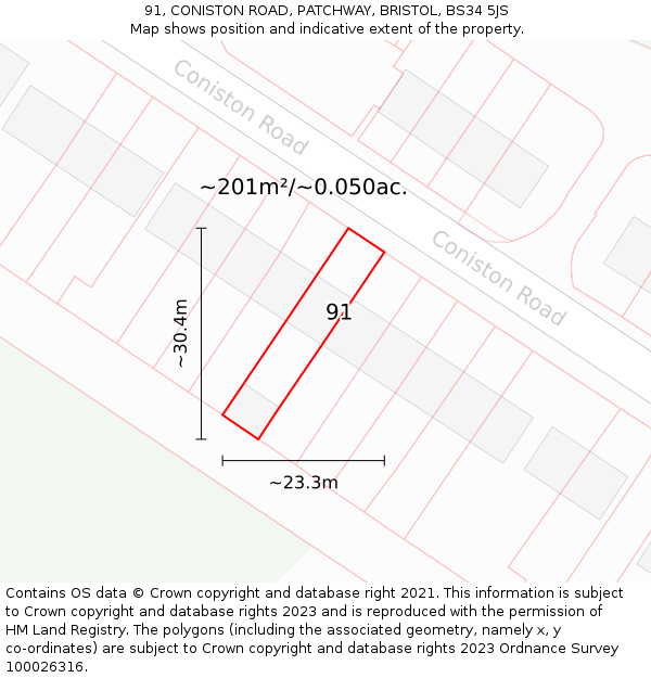 91, CONISTON ROAD, PATCHWAY, BRISTOL, BS34 5JS: Plot and title map