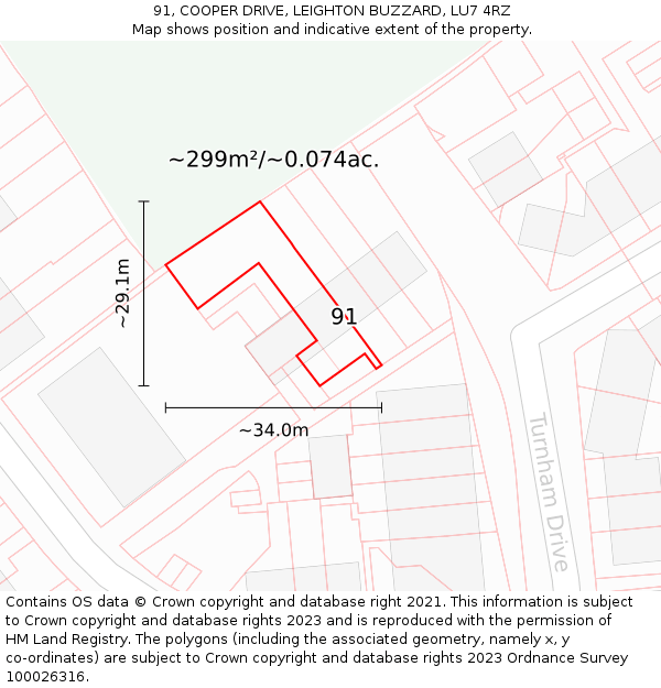 91, COOPER DRIVE, LEIGHTON BUZZARD, LU7 4RZ: Plot and title map
