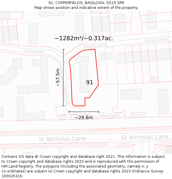 91, COPPERFIELDS, BASILDON, SS15 5RR: Plot and title map