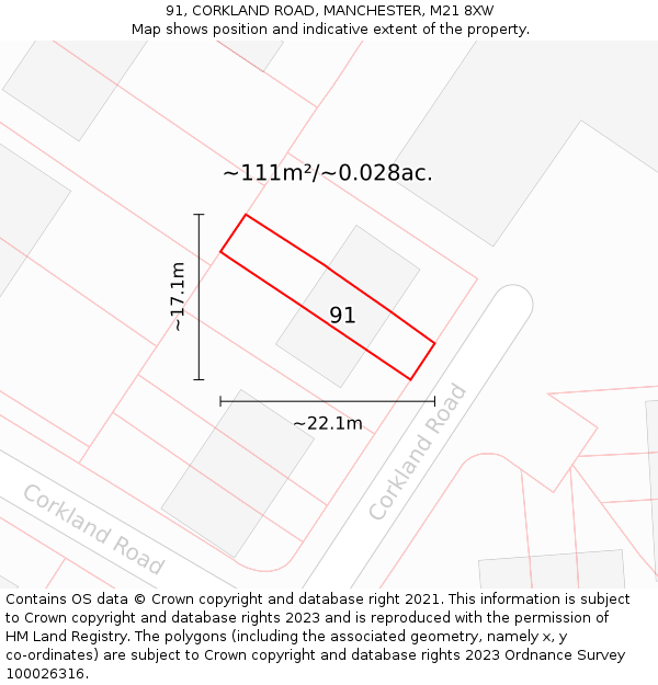 91, CORKLAND ROAD, MANCHESTER, M21 8XW: Plot and title map