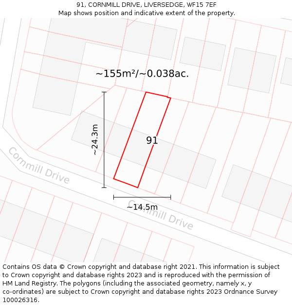 91, CORNMILL DRIVE, LIVERSEDGE, WF15 7EF: Plot and title map