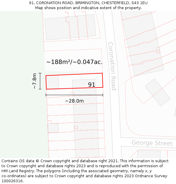 91, CORONATION ROAD, BRIMINGTON, CHESTERFIELD, S43 1EU: Plot and title map