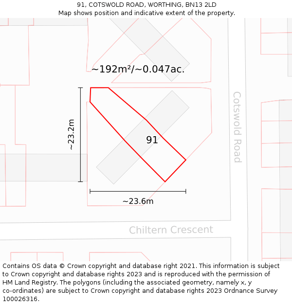 91, COTSWOLD ROAD, WORTHING, BN13 2LD: Plot and title map