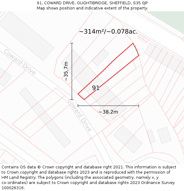 91, COWARD DRIVE, OUGHTIBRIDGE, SHEFFIELD, S35 0JP: Plot and title map