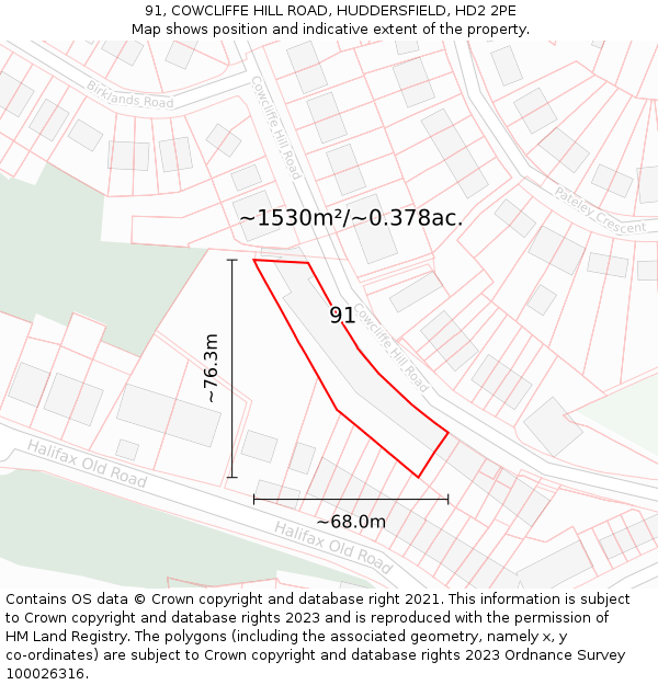91, COWCLIFFE HILL ROAD, HUDDERSFIELD, HD2 2PE: Plot and title map