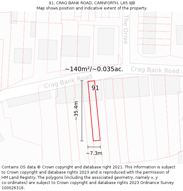 91, CRAG BANK ROAD, CARNFORTH, LA5 9JB: Plot and title map