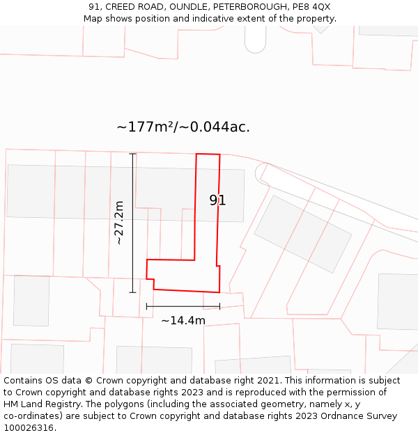 91, CREED ROAD, OUNDLE, PETERBOROUGH, PE8 4QX: Plot and title map