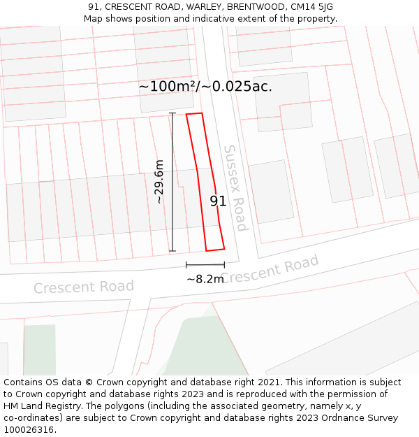 91, CRESCENT ROAD, WARLEY, BRENTWOOD, CM14 5JG: Plot and title map