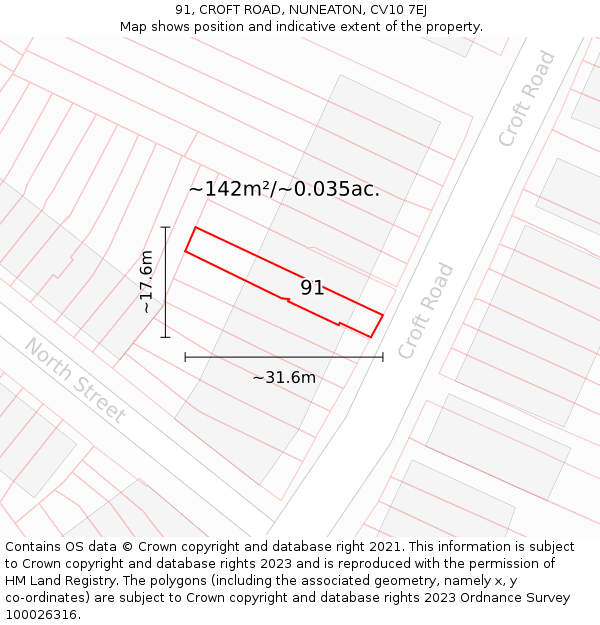 91, CROFT ROAD, NUNEATON, CV10 7EJ: Plot and title map