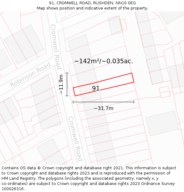 91, CROMWELL ROAD, RUSHDEN, NN10 0EG: Plot and title map