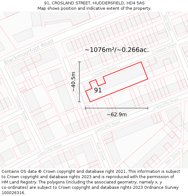91, CROSLAND STREET, HUDDERSFIELD, HD4 5AS: Plot and title map