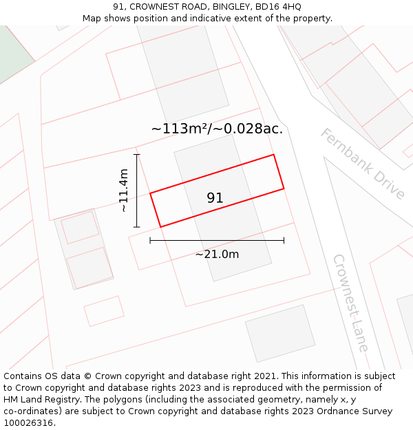 91, CROWNEST ROAD, BINGLEY, BD16 4HQ: Plot and title map