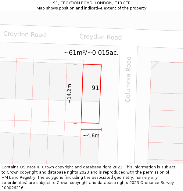 91, CROYDON ROAD, LONDON, E13 8EP: Plot and title map