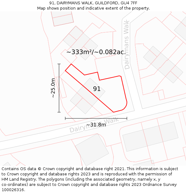 91, DAIRYMANS WALK, GUILDFORD, GU4 7FF: Plot and title map