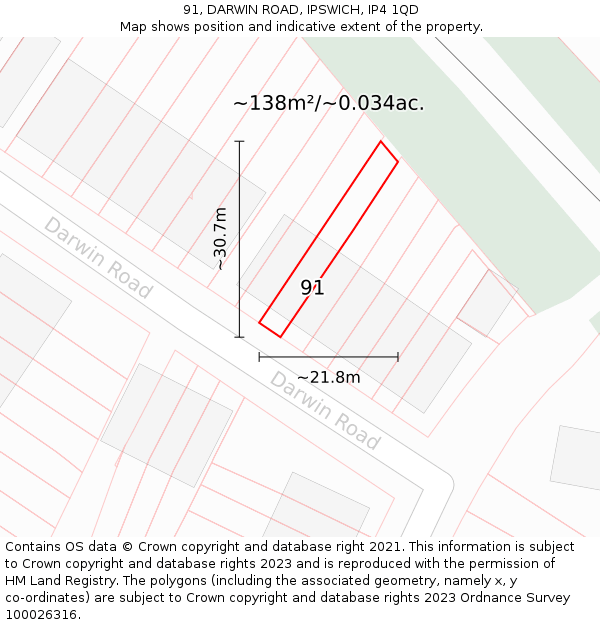 91, DARWIN ROAD, IPSWICH, IP4 1QD: Plot and title map