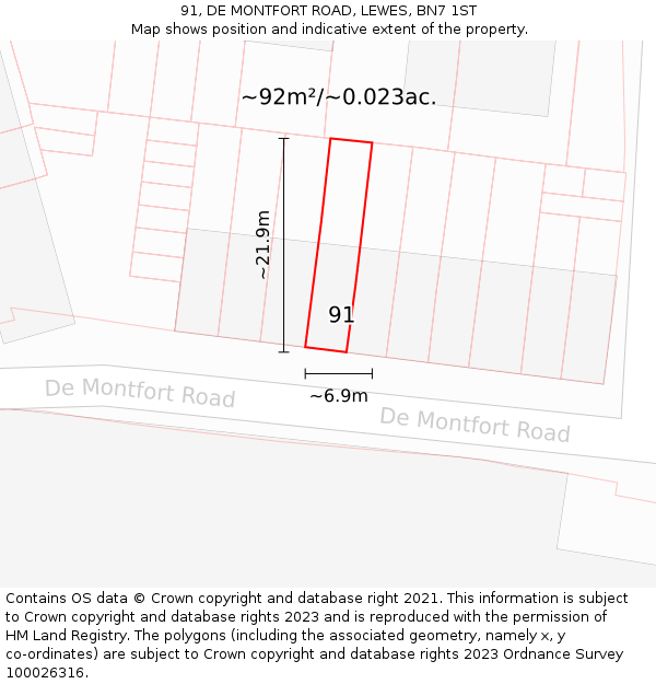 91, DE MONTFORT ROAD, LEWES, BN7 1ST: Plot and title map