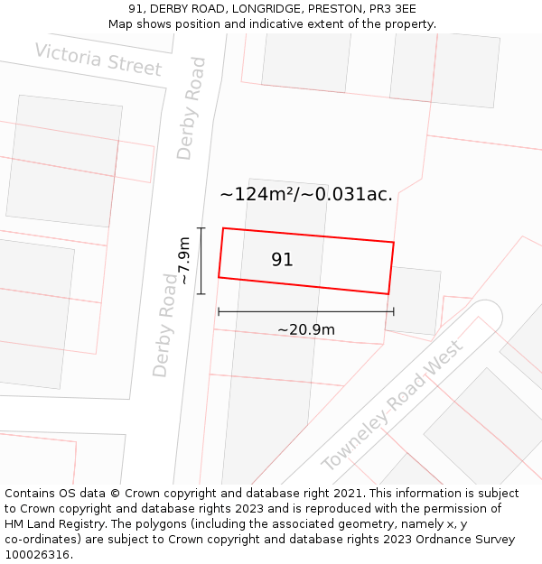 91, DERBY ROAD, LONGRIDGE, PRESTON, PR3 3EE: Plot and title map