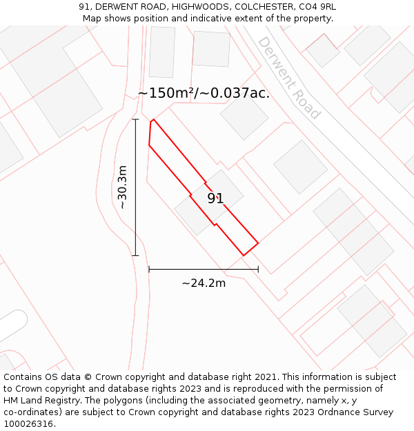 91, DERWENT ROAD, HIGHWOODS, COLCHESTER, CO4 9RL: Plot and title map