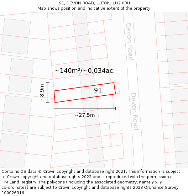 91, DEVON ROAD, LUTON, LU2 0RU: Plot and title map