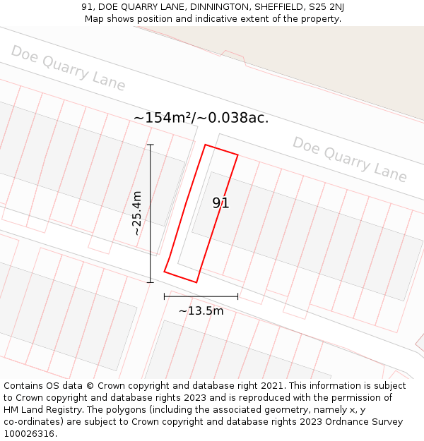 91, DOE QUARRY LANE, DINNINGTON, SHEFFIELD, S25 2NJ: Plot and title map