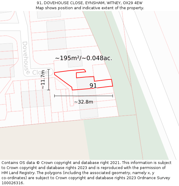 91, DOVEHOUSE CLOSE, EYNSHAM, WITNEY, OX29 4EW: Plot and title map