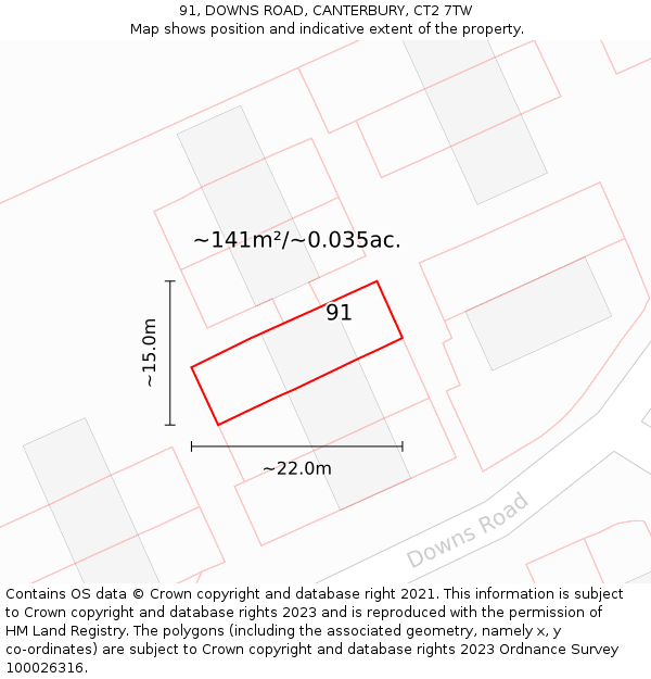 91, DOWNS ROAD, CANTERBURY, CT2 7TW: Plot and title map