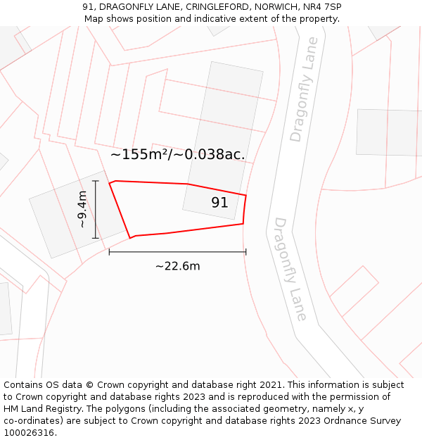 91, DRAGONFLY LANE, CRINGLEFORD, NORWICH, NR4 7SP: Plot and title map