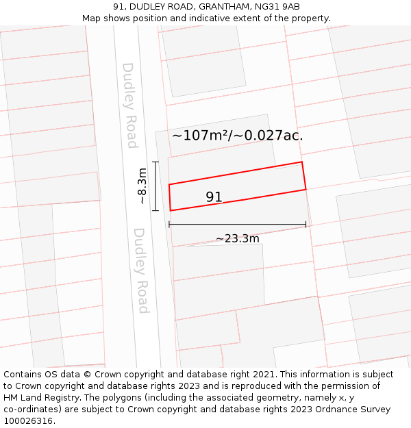 91, DUDLEY ROAD, GRANTHAM, NG31 9AB: Plot and title map