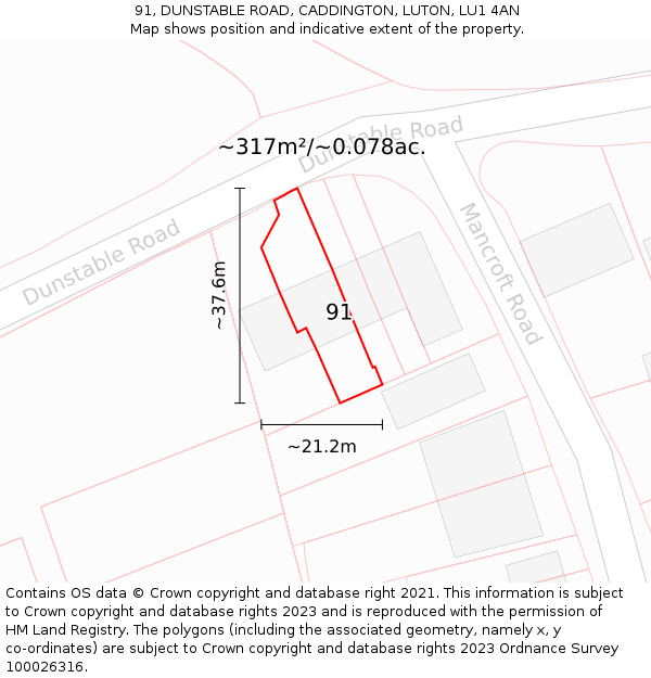 91, DUNSTABLE ROAD, CADDINGTON, LUTON, LU1 4AN: Plot and title map