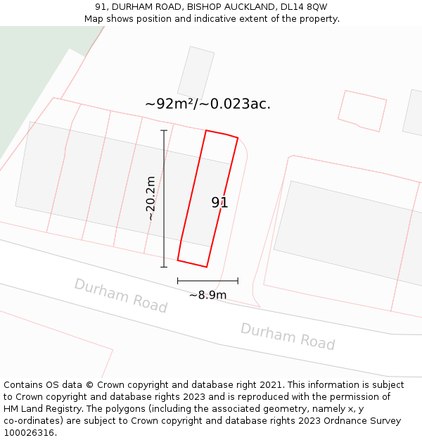 91, DURHAM ROAD, BISHOP AUCKLAND, DL14 8QW: Plot and title map