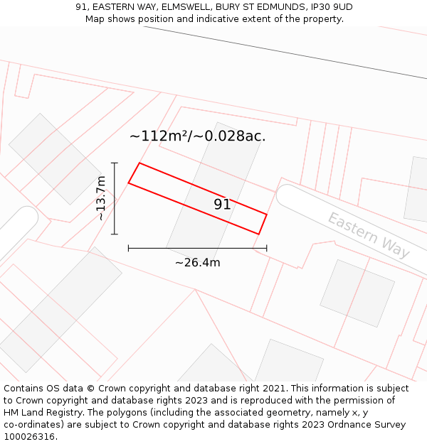 91, EASTERN WAY, ELMSWELL, BURY ST EDMUNDS, IP30 9UD: Plot and title map