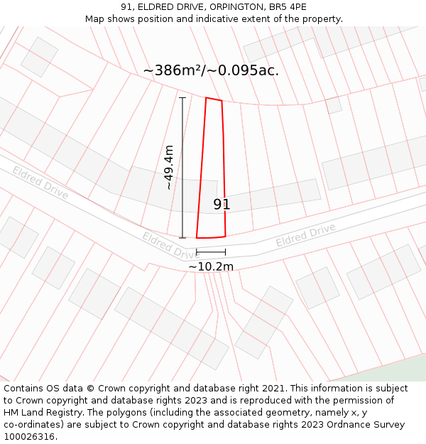 91, ELDRED DRIVE, ORPINGTON, BR5 4PE: Plot and title map