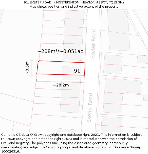 91, EXETER ROAD, KINGSTEIGNTON, NEWTON ABBOT, TQ12 3HY: Plot and title map