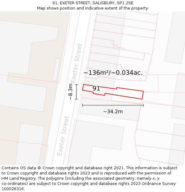 91, EXETER STREET, SALISBURY, SP1 2SE: Plot and title map