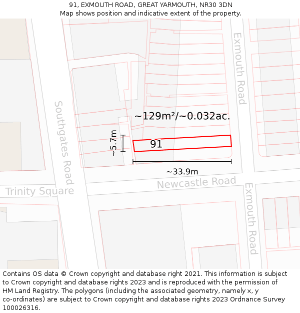 91, EXMOUTH ROAD, GREAT YARMOUTH, NR30 3DN: Plot and title map
