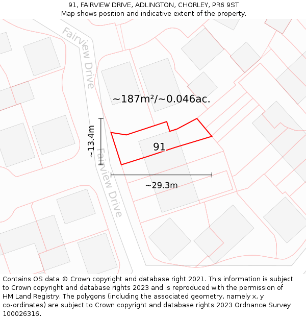 91, FAIRVIEW DRIVE, ADLINGTON, CHORLEY, PR6 9ST: Plot and title map