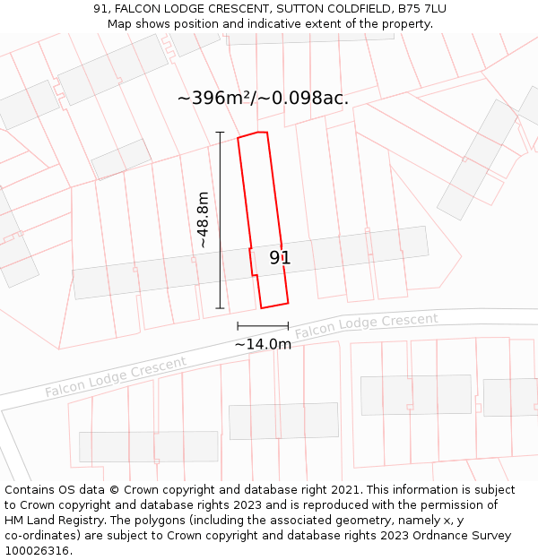 91, FALCON LODGE CRESCENT, SUTTON COLDFIELD, B75 7LU: Plot and title map