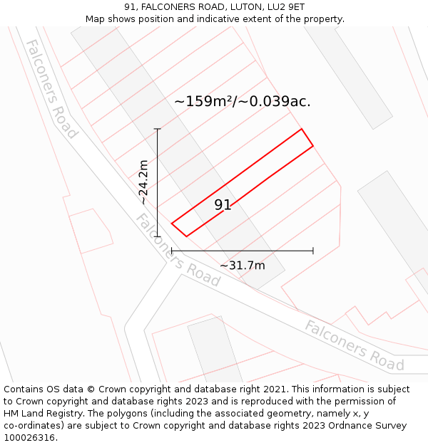 91, FALCONERS ROAD, LUTON, LU2 9ET: Plot and title map